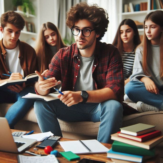 Un groupe d'étudiants discute et travaille ensemble sur un projet.