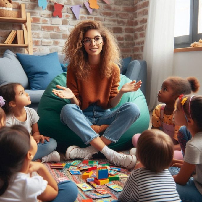garde d'enfants de plus de 3 ans Femme assise sur un pouf, entourée d'enfants, avec des jouets au sol.